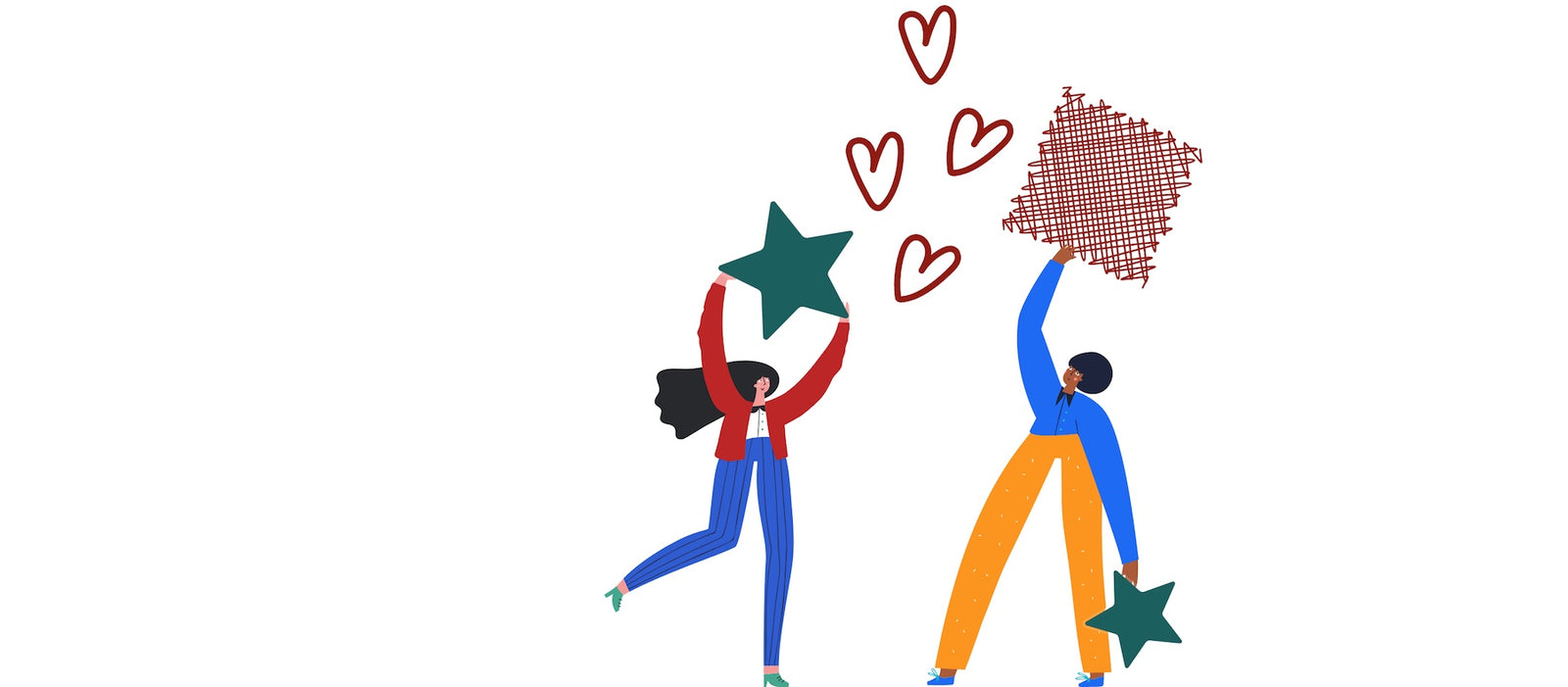 Zwei Frauen mit Fischnetz with Benefits und zwei grünen Bewertungssternen.