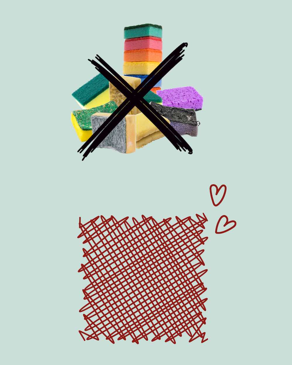 Oben: benutzte Schwämme. Unten: Fischnetz Skizze mit Herzen.