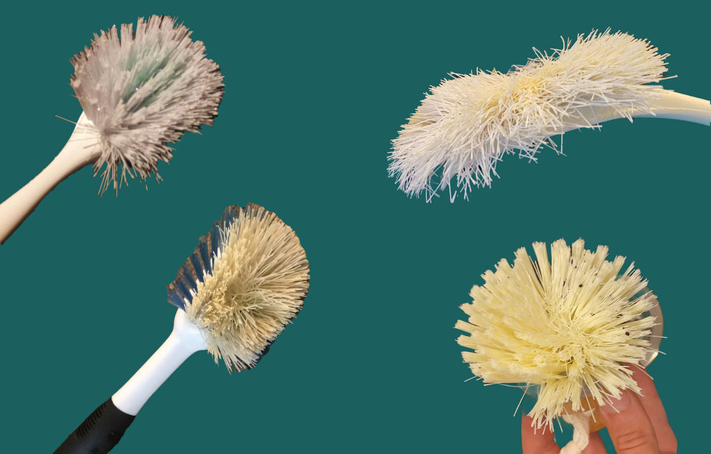Four used kitchen brushes as dish sponge alternatives. The photos were taken from Amazon product reviews. The brushes are in front of a green background.