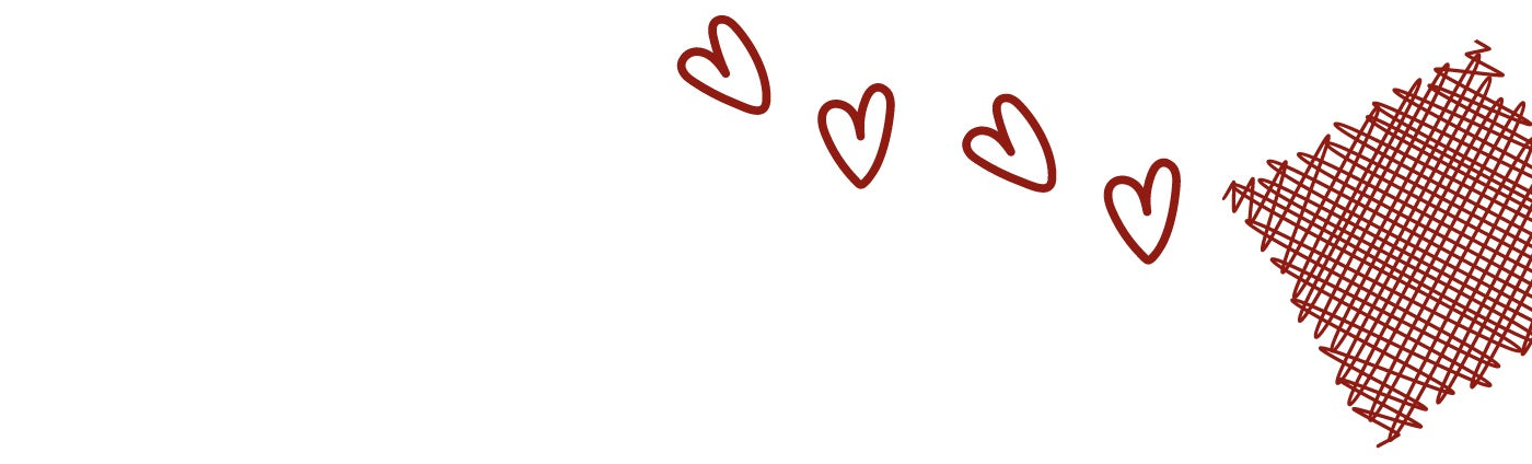 A red fishing net with little hearts behind