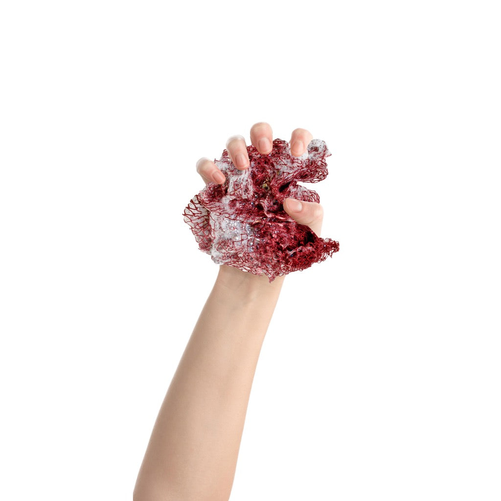 Eine Hand hält ein waschbares Fischnetz als Schwamm Alternative.